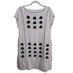 Tory Burch Floral Embroidered White Navy Linen Blend Designer Midi Dress Size M